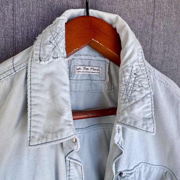 We The Free Free People 100% Cotton Corduroy Light Blue Pearl Snap Shaket Szie L - Picture 5 of 13